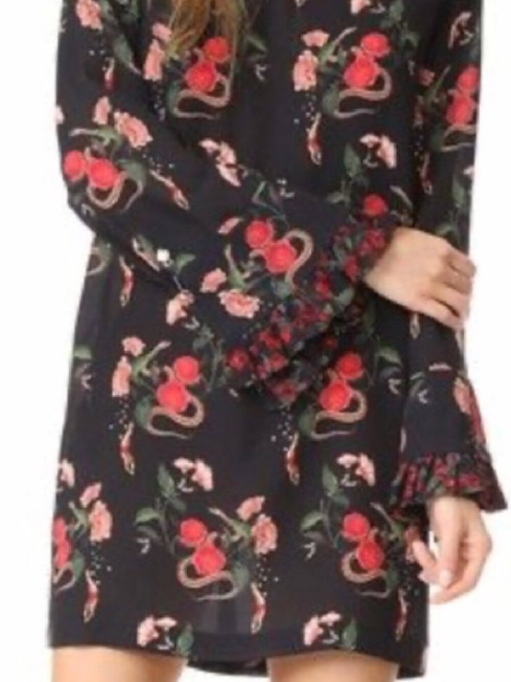 Mother of Pearl Silk Euna Black Floral Serpent Dress Rose 650$ Bell Sleeve - Picture 2 of 4